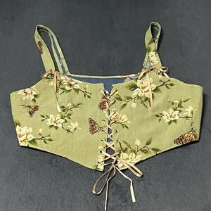Cider Corset Top 2X Green Butterfly Floral Lace Up Bustier Cottagecore Fairycore